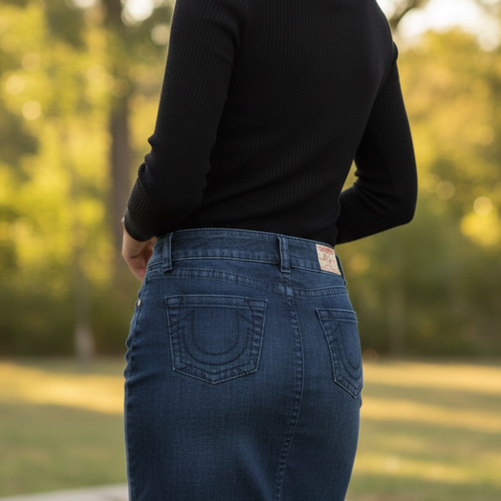 True Religion Blue Marissa Denim Midi Knee Length Jean Pencil Straight Skirt 28